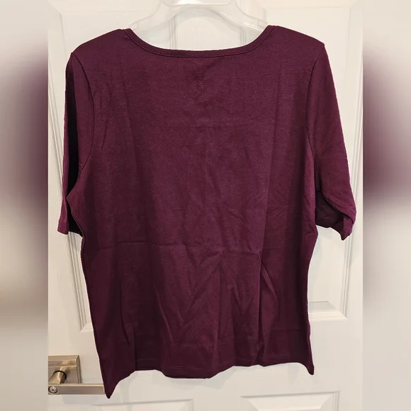 NWT L.L. Bean Deep Purple 100% Pima Cotton Square Neck Elbow-Sleeve Size-Large - Picture 3 of 6